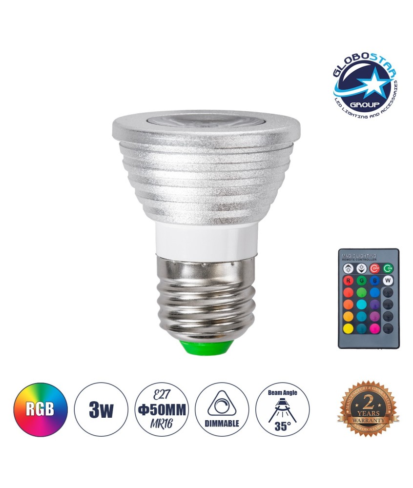 GloboStar® 76066 Σποτ LED E27 MR16 3W 200lm 90° AC 220-240V IP20 Φ5 x Υ8.5cm - Εναλλαγή Φωτισμού μέσω Τηλεχειριστηρίου RGB - Dimmable - 2 Χρόνια Εγγύηση